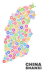 Mosaic technical Shanxi Province map isolated on a white background. Vector geographic abstraction in different colors. Mosaic of Shanxi Province map combined of random multi-colored gear items.