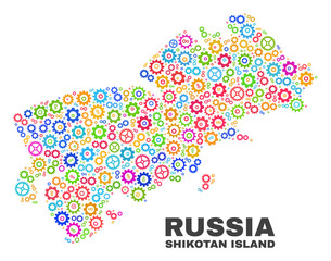 Mosaic technical Shikotan Island map isolated on a white background. Vector geographic abstraction in different colors. Mosaic of Shikotan Island map combined of random multi-colored cog items.
