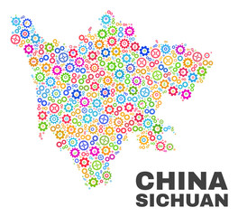 Mosaic technical Sichuan Province map isolated on a white background. Vector geographic abstraction in different colors. Mosaic of Sichuan Province map combined of random multi-colored cog items.