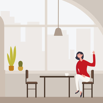 Young slim beautiful girl sits on a high bar stool in a cafe with stunning panoramic views of Barcelona. Siesta break with a cup of fragrant cappuccino. Young smiling woman sitting in cafe. Vector