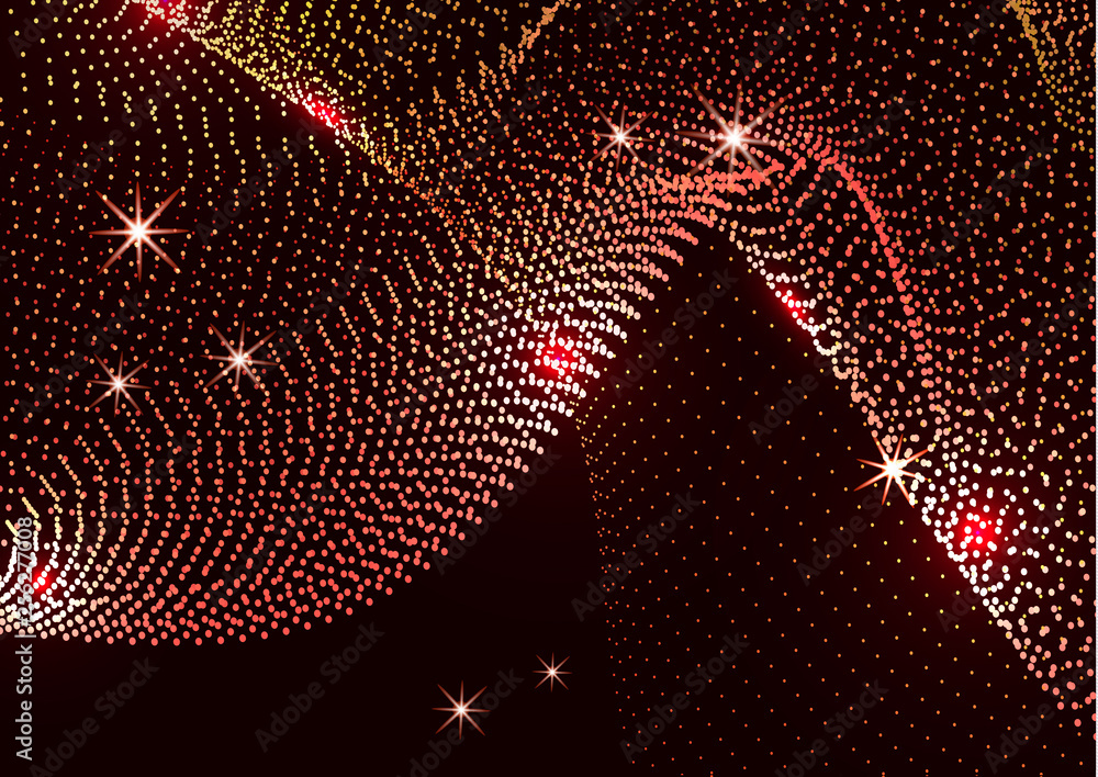 Poster bright dynamic background with wavy lines from circles, dots. particles of different scale neon colo