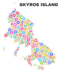 Mosaic technical Skyros Island map isolated on a white background. Vector geographic abstraction in different colors. Mosaic of Skyros Island map combined of random multi-colored gearwheel elements.