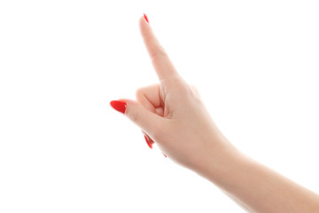 Woman hand with the index finger pointing up. Isolated with clipping path.
