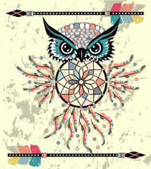 Boho style colored owl with tribal arrows. Bohemian tribal owl with a dream catcher. Totem owl