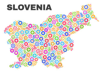 Mosaic technical Slovenia map isolated on a white background. Vector geographic abstraction in different colors. Mosaic of Slovenia map combined of scattered bright cogwheel elements.