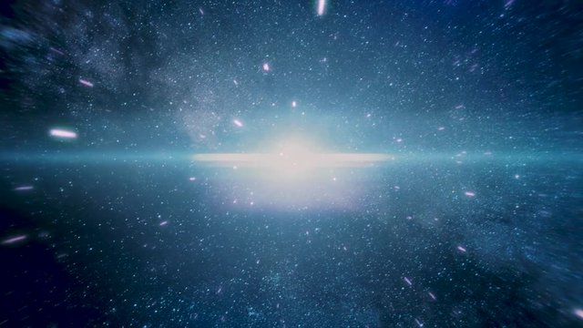 Crazy fast flight in hyperspace of space among nebulae and blue stars and black cosmic background. Flying fast to the big star explosion, outer space concept.