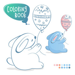 Rabbit with a balloon in his hand. Coloring book page. Cartoon Vector Illustration