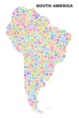 Mosaic technical South America map isolated on a white background. Vector geographic abstraction in different colors. Mosaic of South America map combined of scattered multi-colored cogwheel elements.