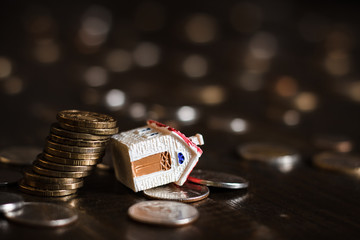 Miniature toy model of house fell off a stack of coins