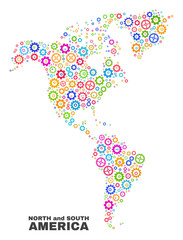 Mosaic technical South and North America map isolated on a white background. Vector geographic abstraction in different colors.