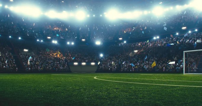 4k resolution footage of a dramatic soccer stadium. The stadium was made in 3d without using existing references. The crowd and light on the stadium are animated.