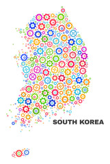 Mosaic technical South Korea map isolated on a white background. Vector geographic abstraction in different colors. Mosaic of South Korea map combined of scattered multi-colored gear items.
