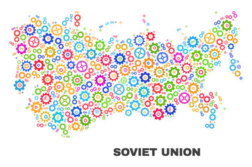 Mosaic technical Soviet Union map isolated on a white background. Vector geographic abstraction in different colors. Mosaic of Soviet Union map combined of scattered multi-colored cog elements.