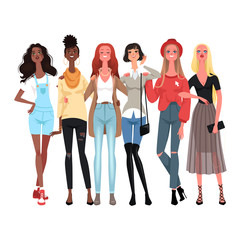 Obraz premium Group of cheerful young women in fashionable clothes. Girls are friends