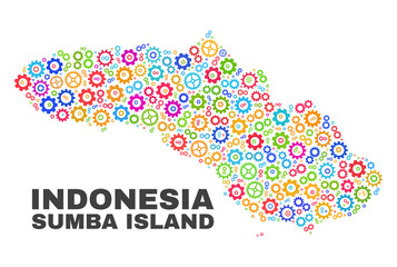 Mosaic technical Sumba Island map isolated on a white background. Vector geographic abstraction in different colors. Mosaic of Sumba Island map designed from random multi-colored cog elements.