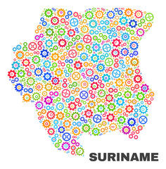 Mosaic technical Suriname map isolated on a white background. Vector geographic abstraction in different colors. Mosaic of Suriname map combined of random colorful cog items.