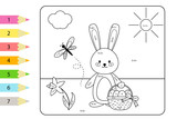 Educational coloring page for kids. Paint color by subtraction and addition numbers. Vector Easter rabbit with basket of eggs. Spring theme.