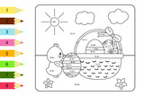 Educational coloring page for preschool kids. Paint color by subtraction and addition numbers. Vector kawaii chick with basket of Easter eggs.