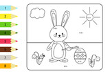 Educational coloring page for preschool kids. Paint color by subtraction and addition numbers. Vector bunny paints Easter egg. Spring theme.