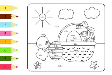 Educational coloring page for preschool kids. Paint color by subtraction and addition numbers. Vector kawaii chick with basket of Easter eggs.