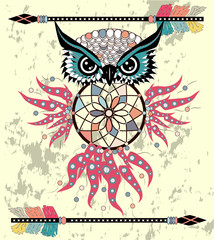 Patterned owl on the grunge background. African indian totem tattoo design.