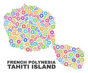 Mosaic technical Tahiti Island map isolated on a white background. Vector geographic abstraction in different colors. Mosaic of Tahiti Island map combined of random multi-colored gearwheel items.
