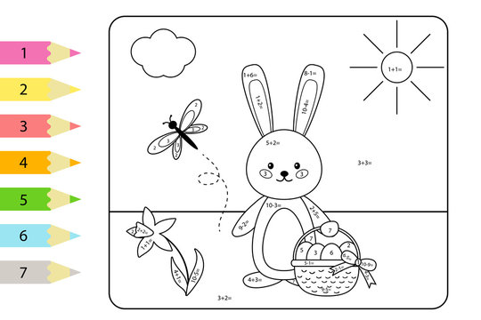 Educational coloring page for kids. Paint color by subtraction and addition numbers. Vector Easter rabbit with basket of eggs. Spring theme.