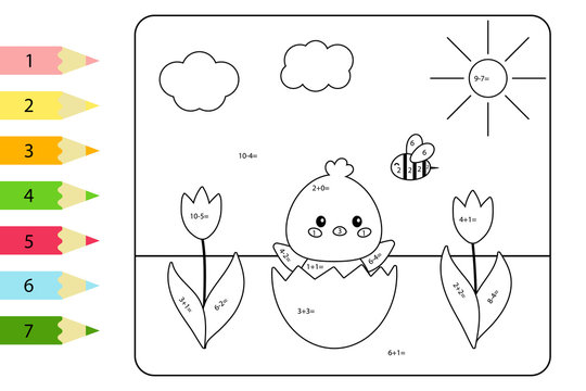 Educational coloring page for preschool kids. Paint color by subtraction and addition numbers. Vector kawaii chick hatched from egg shell.