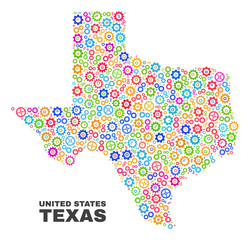 Mosaic technical Texas State map isolated on a white background. Vector geographic abstraction in different colors. Mosaic of Texas State map composed from random multi-colored gear items.