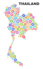 Mosaic technical Thailand map isolated on a white background. Vector geographic abstraction in different colors. Mosaic of Thailand map combined of scattered multi-colored cog items.
