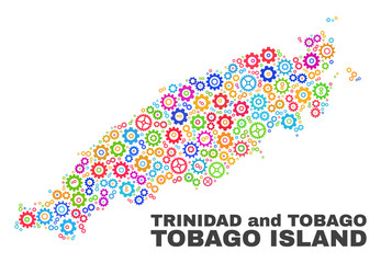 Mosaic technical Tobago Island map isolated on a white background. Vector geographic abstraction in different colors. Mosaic of Tobago Island map combined of random colorful cog elements.