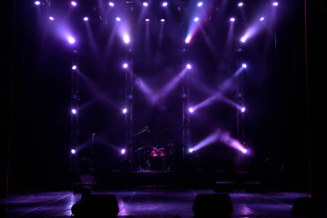 Empty stage. Multicolored lights, light show at the Concert.