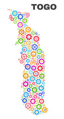 Mosaic technical Togo map isolated on a white background. Vector geographic abstraction in different colors. Mosaic of Togo map combined of random multi-colored wheel items.