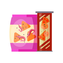 Chips and snacks. Purple paper package with shrimps and can with pizza nachos. Can be used for topics like lunch, meal, crispy products