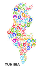 Mosaic technical Tunisia map isolated on a white background. Vector geographic abstraction in different colors. Mosaic of Tunisia map combined of random multi-colored gearwheel elements.