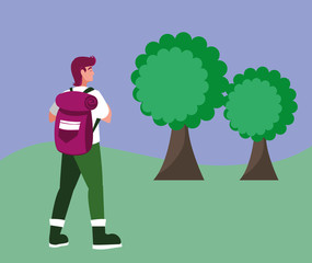 traveler man with bag in the landscape scene