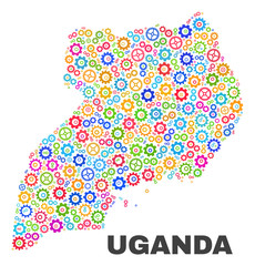 Mosaic technical Uganda map isolated on a white background. Vector geographic abstraction in different colors. Mosaic of Uganda map composed from random multi-colored gearwheel items.