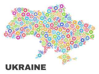 Obraz premium Mosaic technical Ukraine map isolated on a white background. Vector geographic abstraction in different colors. Mosaic of Ukraine map designed from scattered multi-colored gear elements.