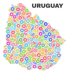 Mosaic technical Uruguay map isolated on a white background. Vector geographic abstraction in different colors. Mosaic of Uruguay map combined of random bright gear items.