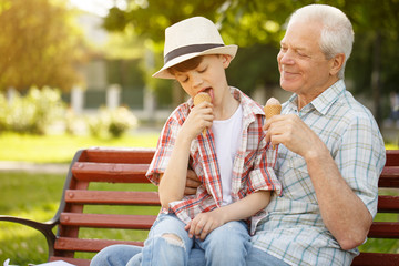 Fototapeta premium Little boy and his grandfather eating ice cream together at the park