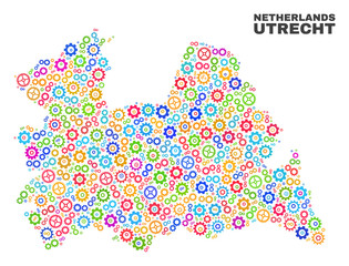 Mosaic technical Utrecht Province map isolated on a white background. Vector geographic abstraction in different colors. Mosaic of Utrecht Province map combined of random multi-colored cogwheel items.