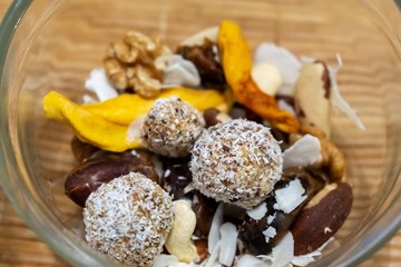 Bowl with nuts and dried fruits and raw balls. Slovakia