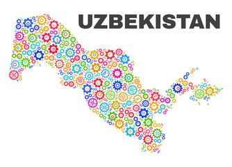 Mosaic technical Uzbekistan map isolated on a white background. Vector geographic abstraction in different colors. Mosaic of Uzbekistan map composed from scattered multi-colored cog items.
