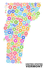 Mosaic technical Vermont State map isolated on a white background. Vector geographic abstraction in different colors. Mosaic of Vermont State map combined of random multi-colored gearwheel items.