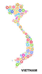 Mosaic technical Vietnam map isolated on a white background. Vector geographic abstraction in different colors. Mosaic of Vietnam map combined of random multi-colored wheel items.