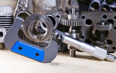 Fototapeta na wymiar measurement parameters of gears, details by mechanical micrometer