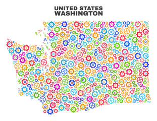 Mosaic technical Washington State map isolated on a white background. Vector geographic abstraction in different colors. Mosaic of Washington State map combined of random bright cog elements.