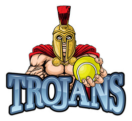 A Spartan or Trojan warrior Tennis sports mascot holding a ball