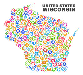 Mosaic technical Wisconsin State map isolated on a white background. Vector geographic abstraction in different colors. Mosaic of Wisconsin State map combined of random multi-colored gear items.