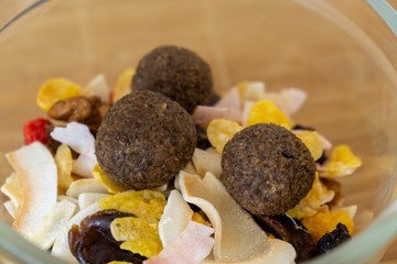Bowl with nuts and dried fruits and raw balls. Slovakia
